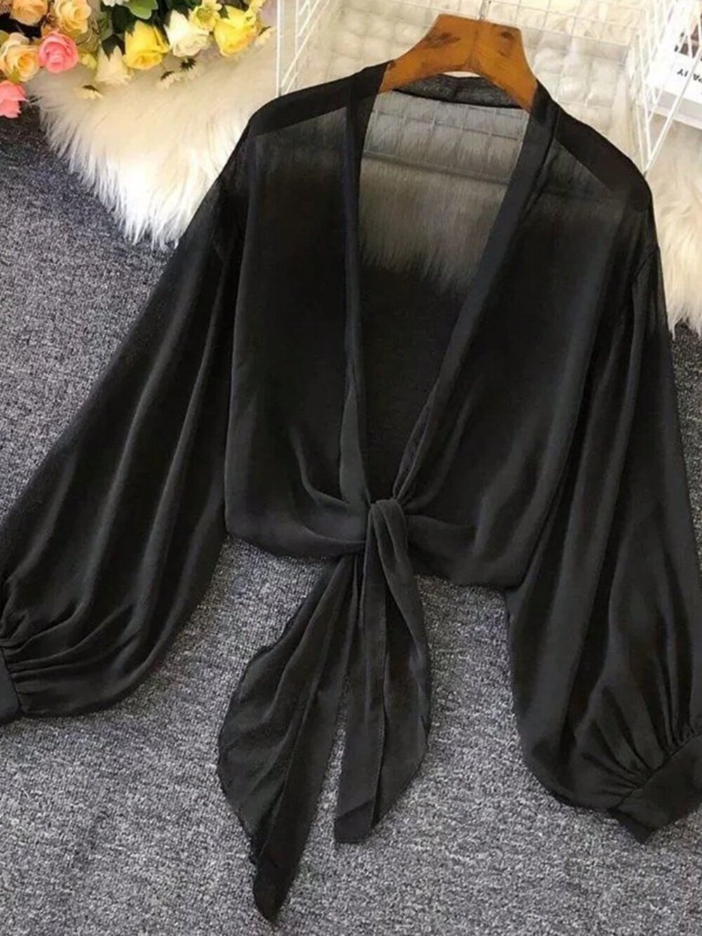 Black Casual Women's Thin Lantern Sleeve Tied Waist Cardigan